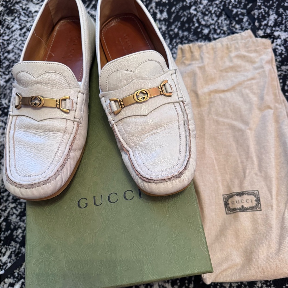 Gucci Cream Leather Loafers with Gold Details